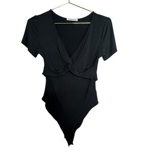 MANGO Black Short-Sleeve Knot Front V-Neck Bodysuit